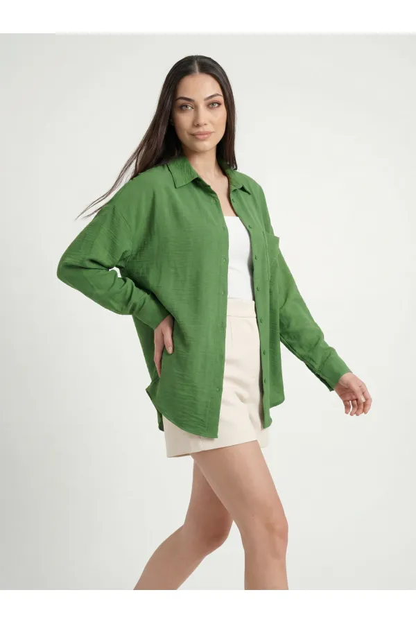 20153 Single Pocket Oversize Linen Shirt - Dark Green 20153 Single Pocket Oversize Linen Shirt - Dark Green