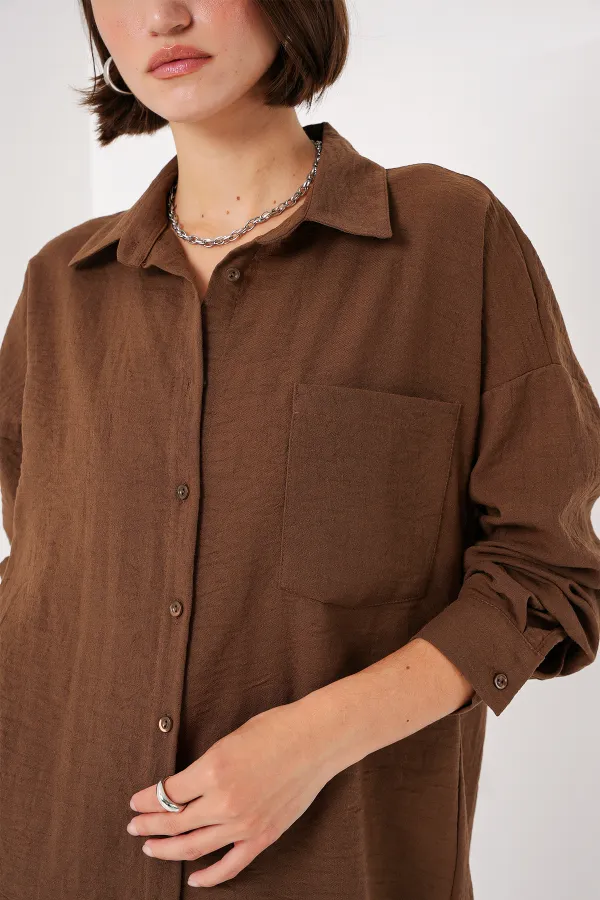 Chemise oversize en lin à poche unique 20153 - Marron clair