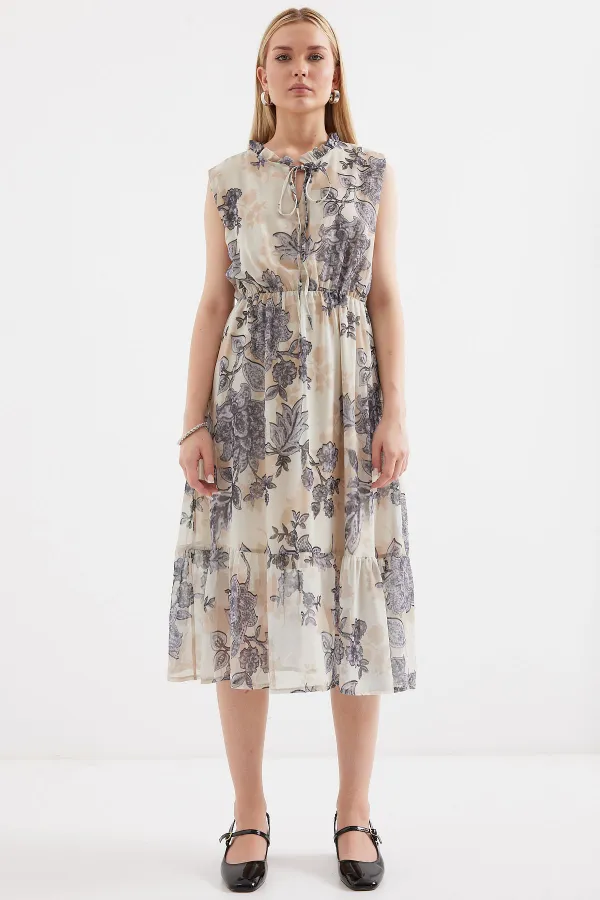 2503 Patterned Zero Sleeve Chiffon Dress - Anthracite