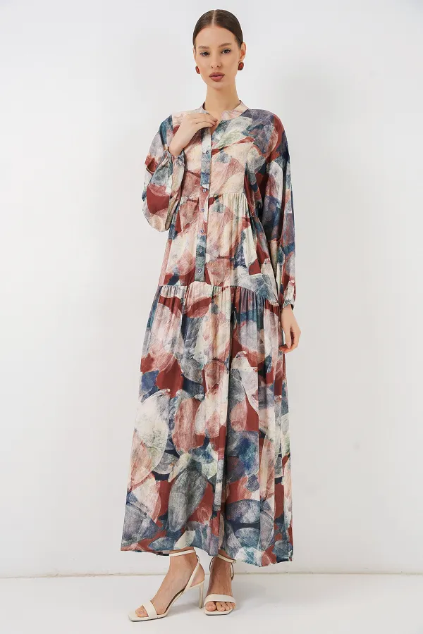 Kadın Desenli Uzun Tesettür Elbise 2585 - A. Kiremit