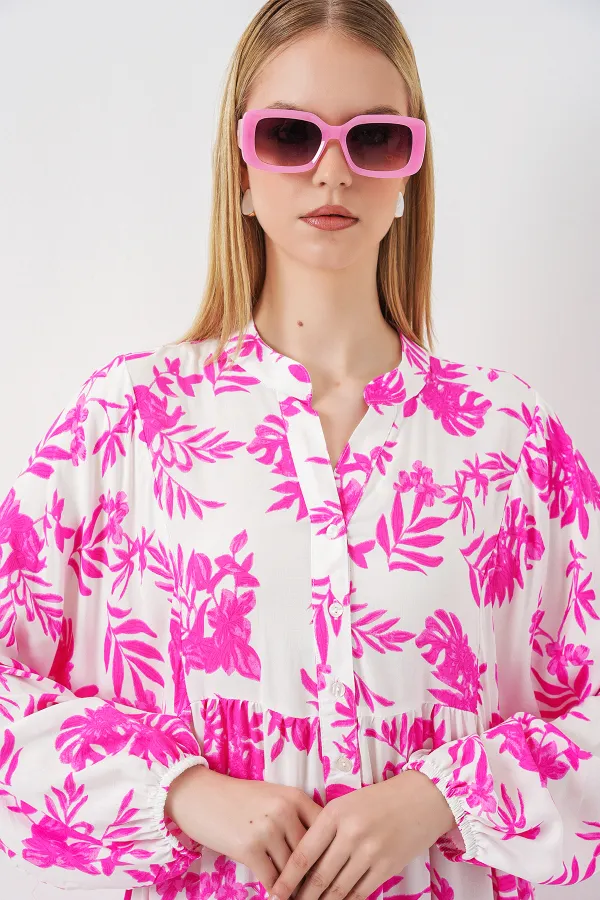 Women's Patterned Long Hijab Dress 2585 - Pink