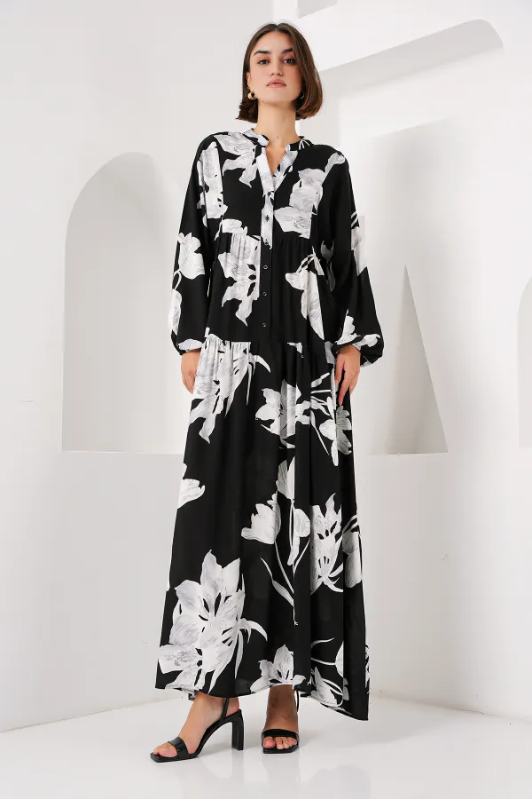 2423 Authentic Patterned Hijab Dress - J. Black