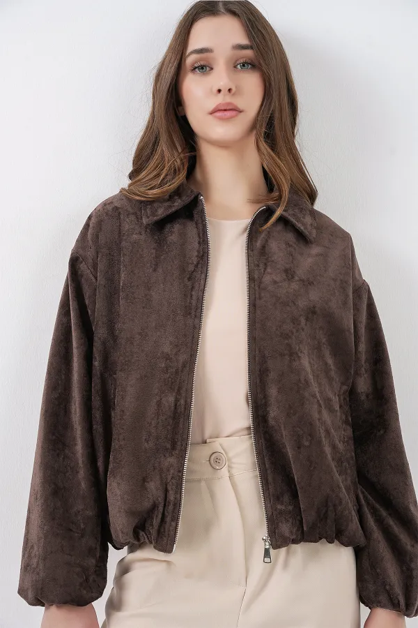 Veste oversize en velours froncé pour femme 0733 - Marron