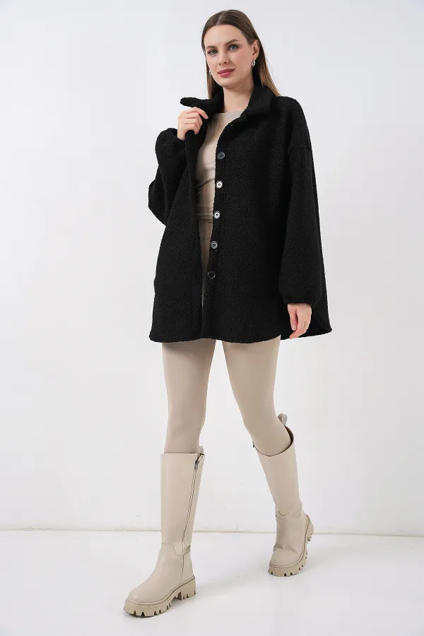 0675 Yün Karışımlı Buklet Ceket - Siyah