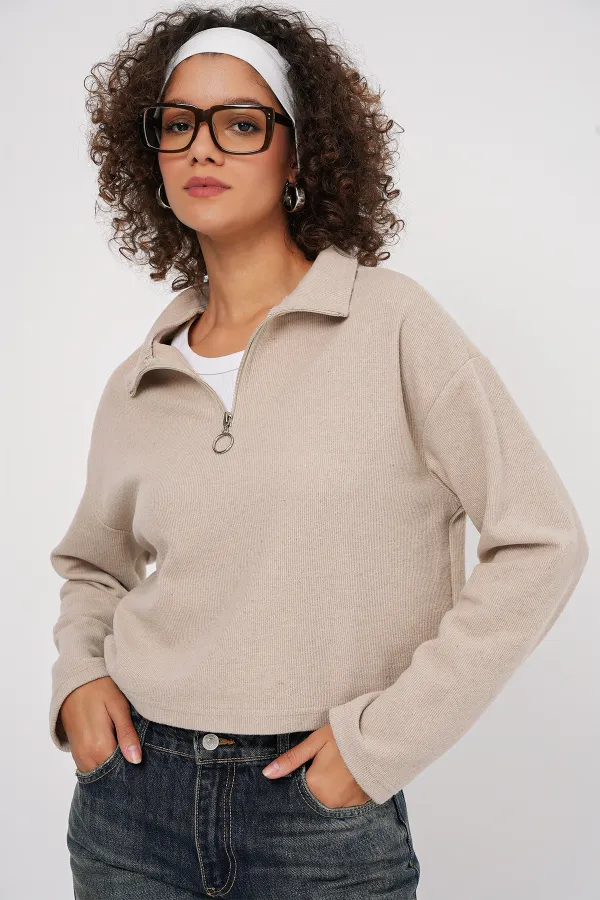 55449 Zippered Collar Knitted Sweatshirt - Cream