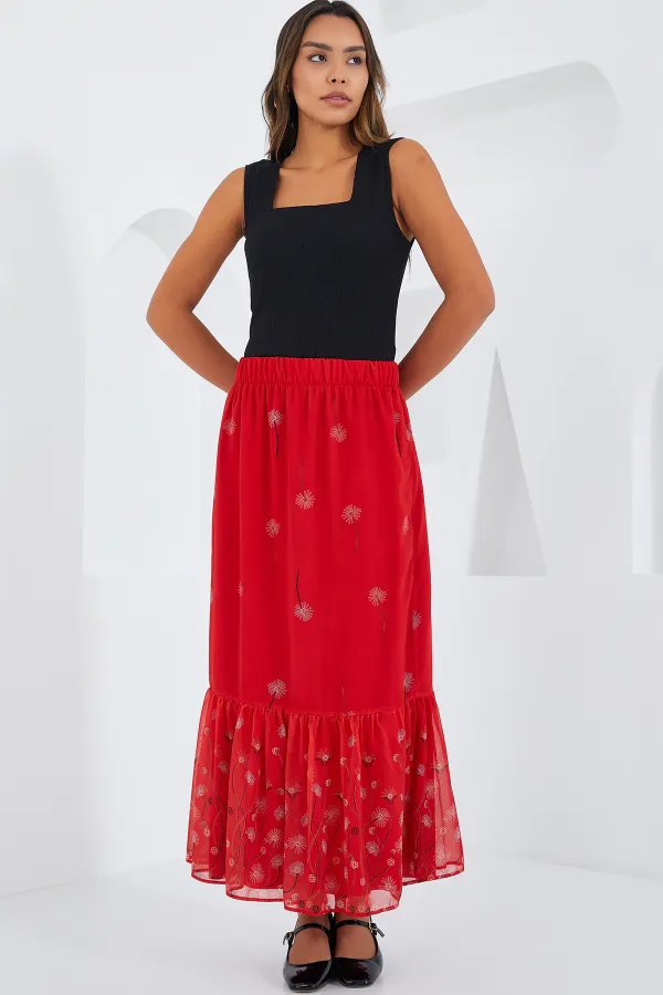 Jupe en mousseline rouge à motifs pour femme 8010