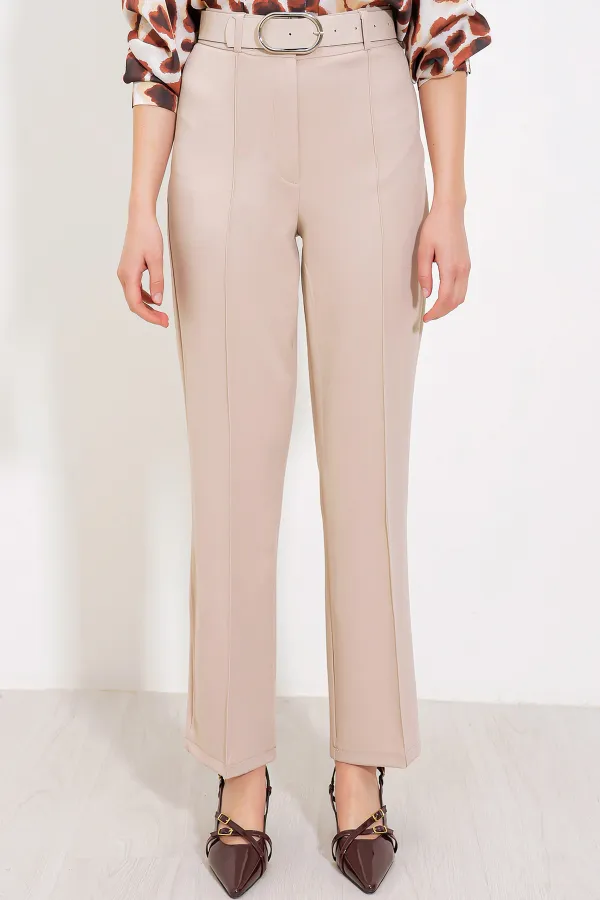 Women's Beige High Waist Fabric Trousers 6584 Women's Beige High Waist Fabric Trousers 6584