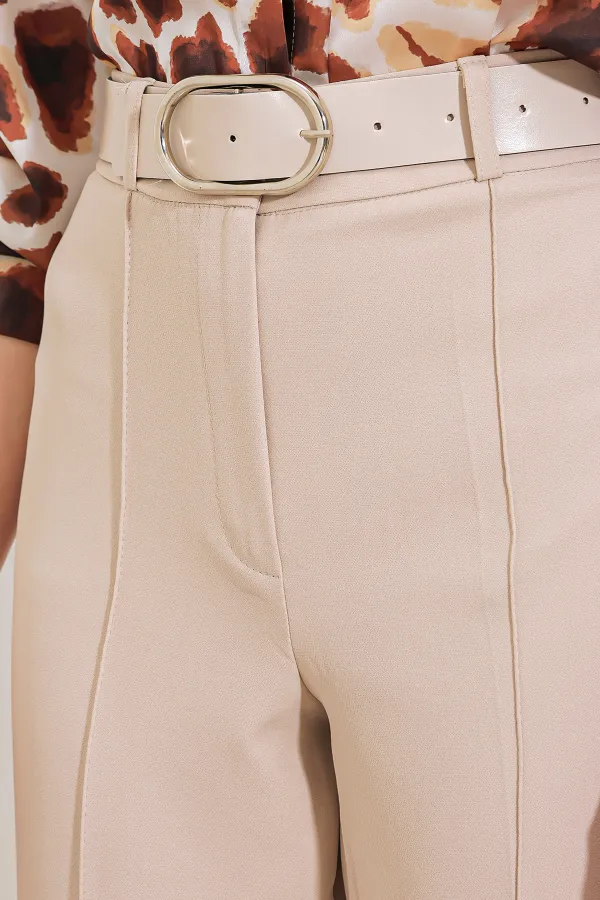 Women's Beige High Waist Fabric Trousers 6584 Women's Beige High Waist Fabric Trousers 6584