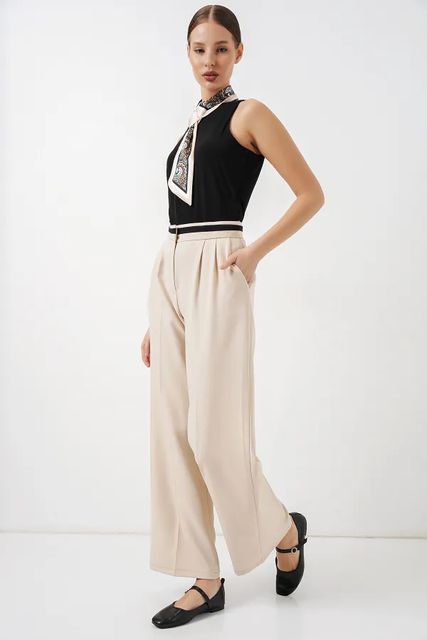 Pantalon large en tissu pour femme 30088 - Crème