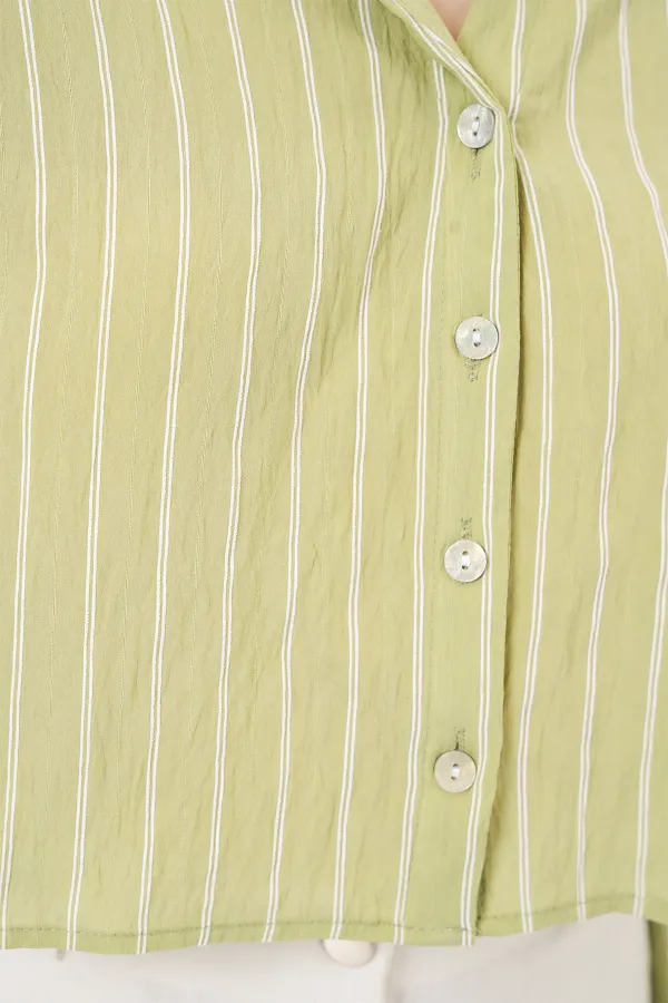 Kadın Çizgili Oversize Kısa Gömlek 20326 - E.Yeşil