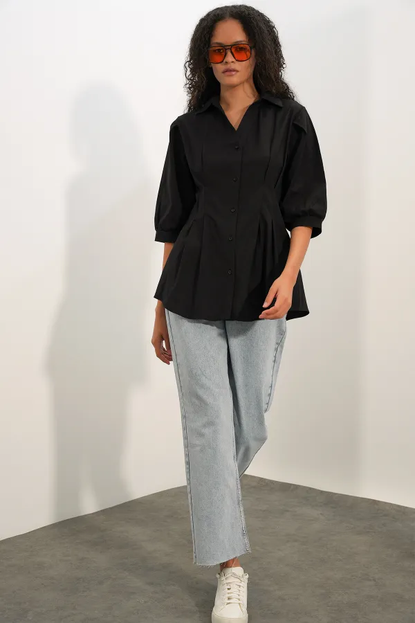 Women's Long Waist-Fitting Shirt 20383 - Black