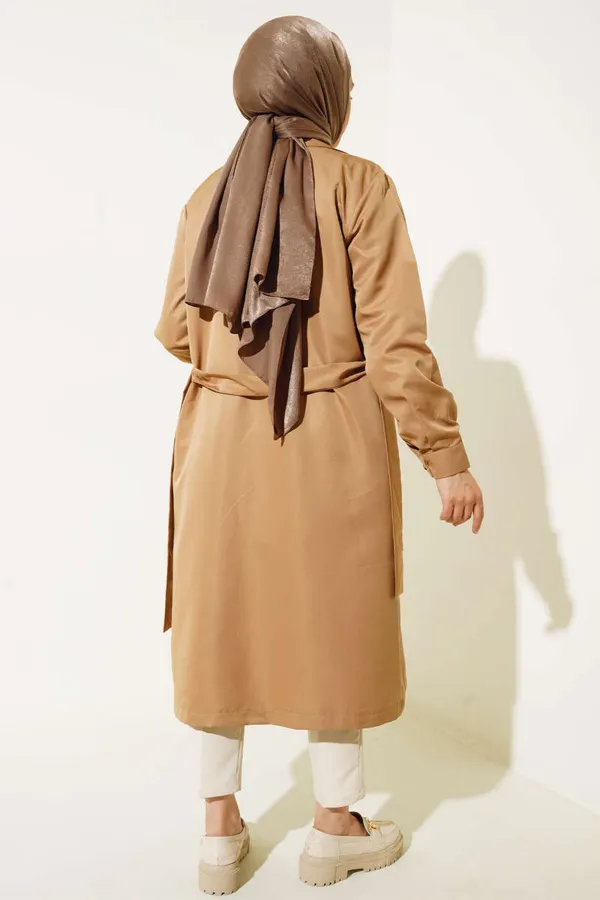 T5853 Double Breasted Hijab Trench Coat - Tan T5853 Double Breasted Hijab Trench Coat - Tan