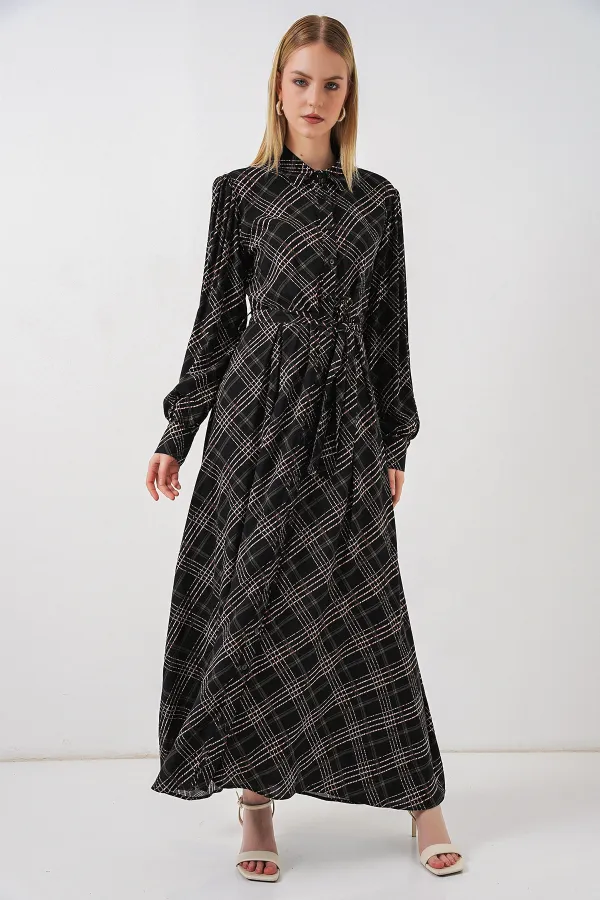 Kadın Boydan Düğmeli Uzun Tesettür Elbise 2588 - D. Siyah