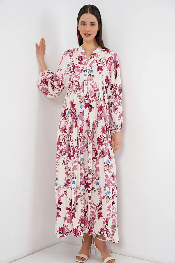 Kadın Desenli Uzun Tesettür Elbise 2585 - M. Kırmızı