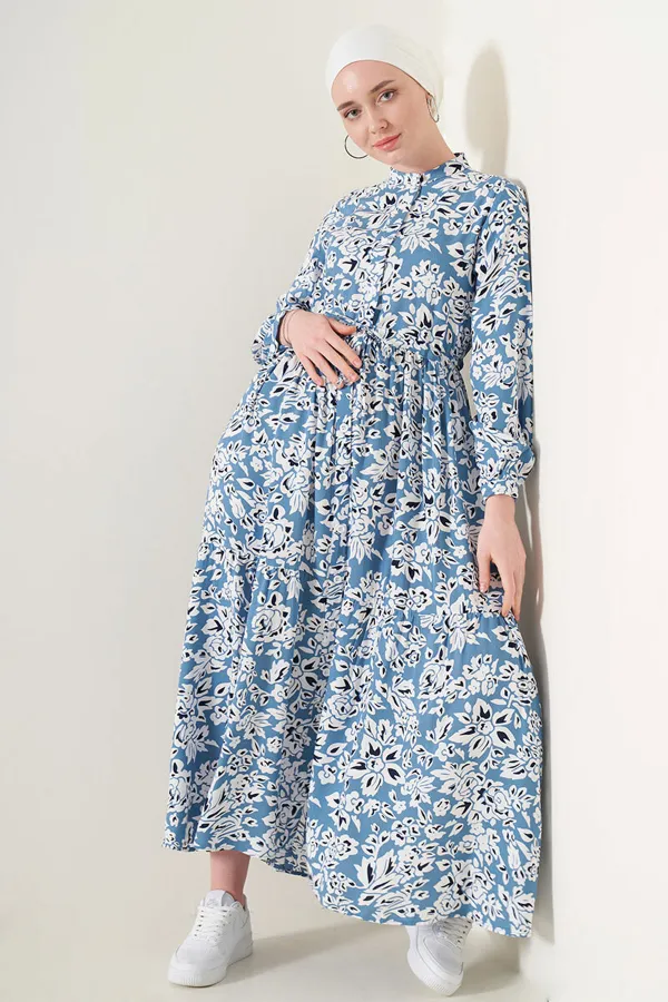 2144 Hakim Yaka Tesettür Elbise - Mavi