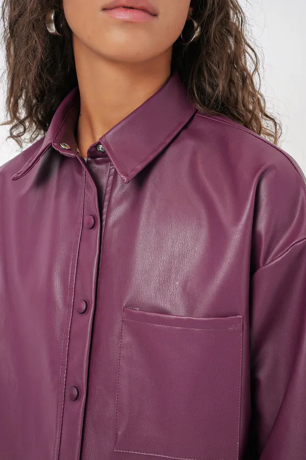 20134 Oversize Suni Deri Gömlek - Mürdüm