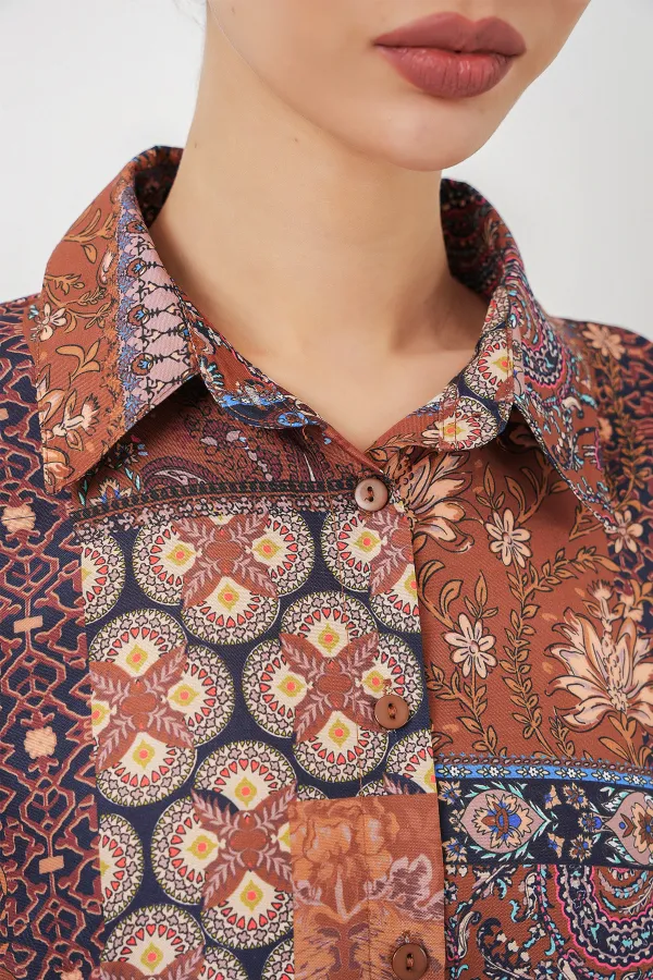 Women's Oversize Patterned Satin Shirt 20365 - Terracotta