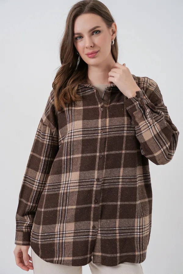 Women's Plaid Pattern Oversize Lumberjack Shirt 3854 Brown