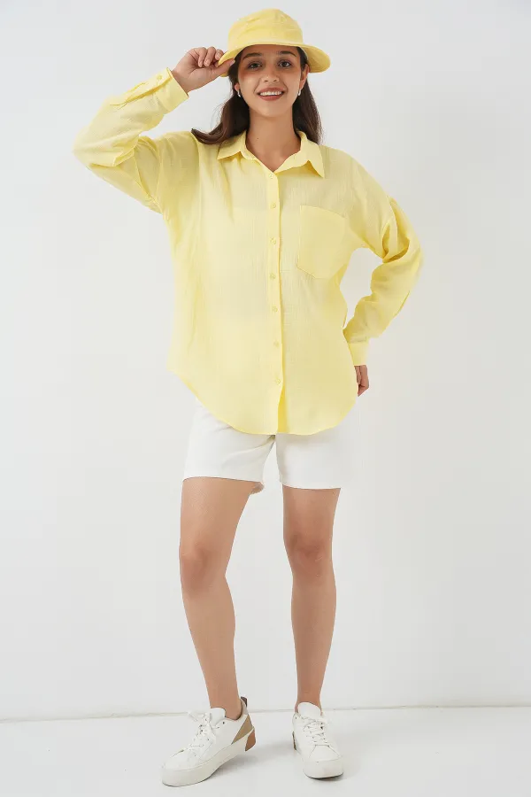 Chemise oversize en lin à poche unique 20153 - Jaune clair Chemise oversize en lin à poche unique 20153 - Jaune clair