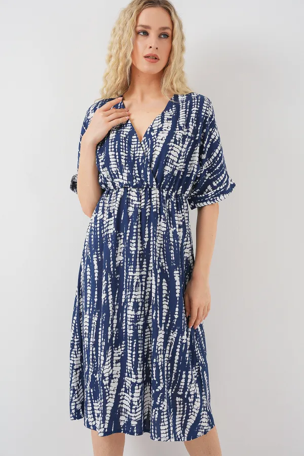 Kadın Desenli Kısa Kol Elbise 2569 - Lacivert