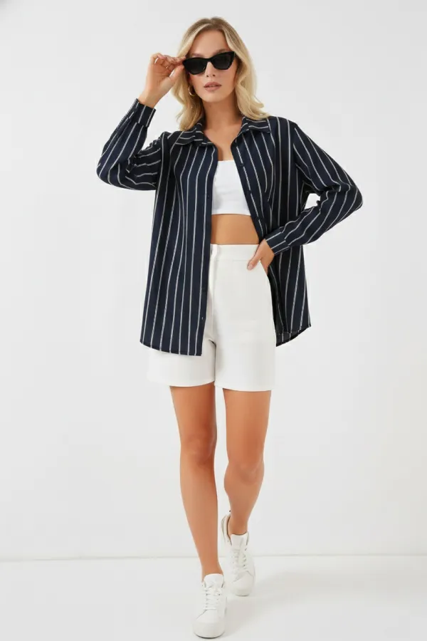 Kadın Çizgili Oversize Gömlek 20293 - Lacivert