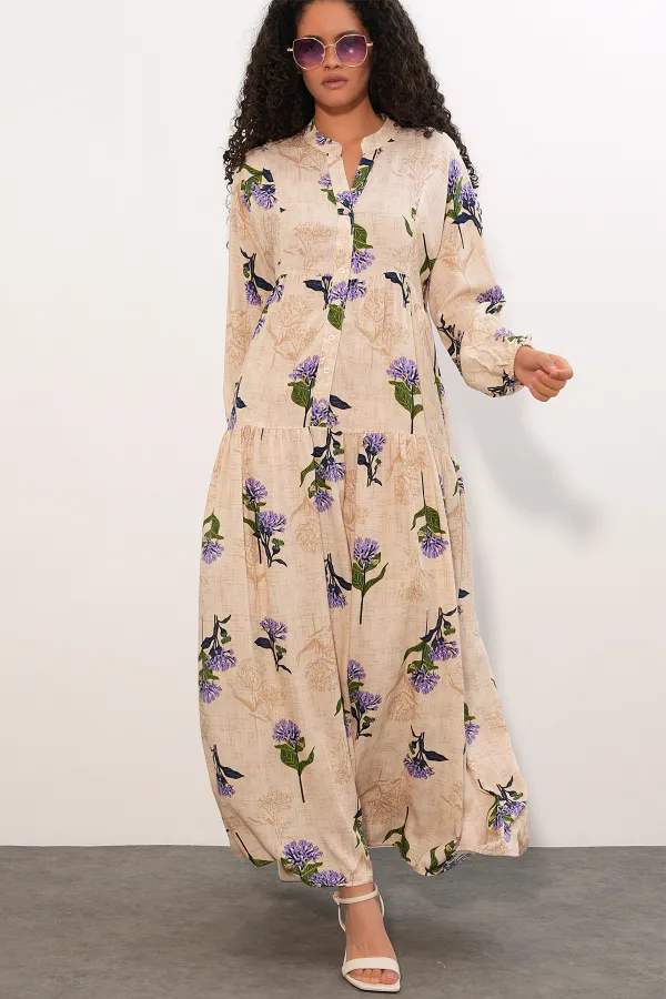 Women's Patterned Long Hijab Dress 2585 - Light Lilac Women's Patterned Long Hijab Dress 2585 - Light Lilac