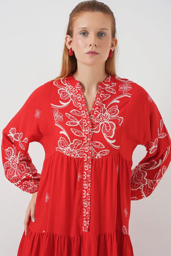 Robe longue hijab à motifs pour femme 2585 - Rouge foncé