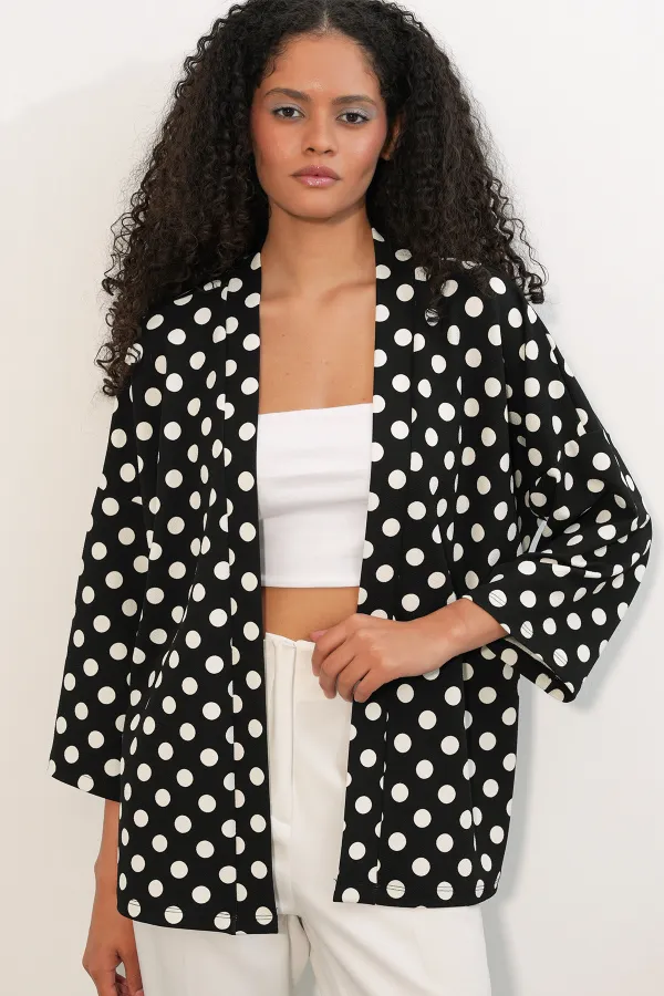Women's Knitted Polka Dot Kimono 5996 - Black