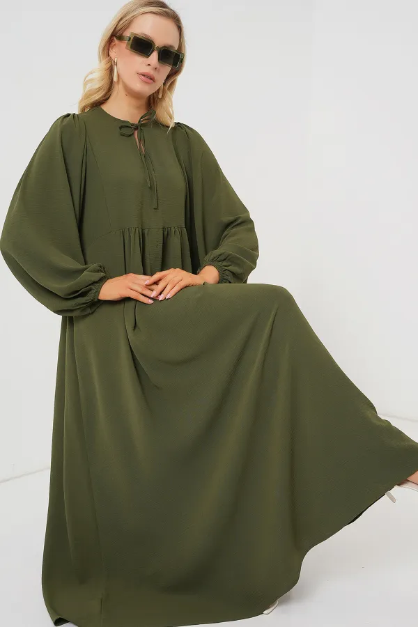 Women's Balloon Sleeve Long Hijab Dress 2464 - Khaki