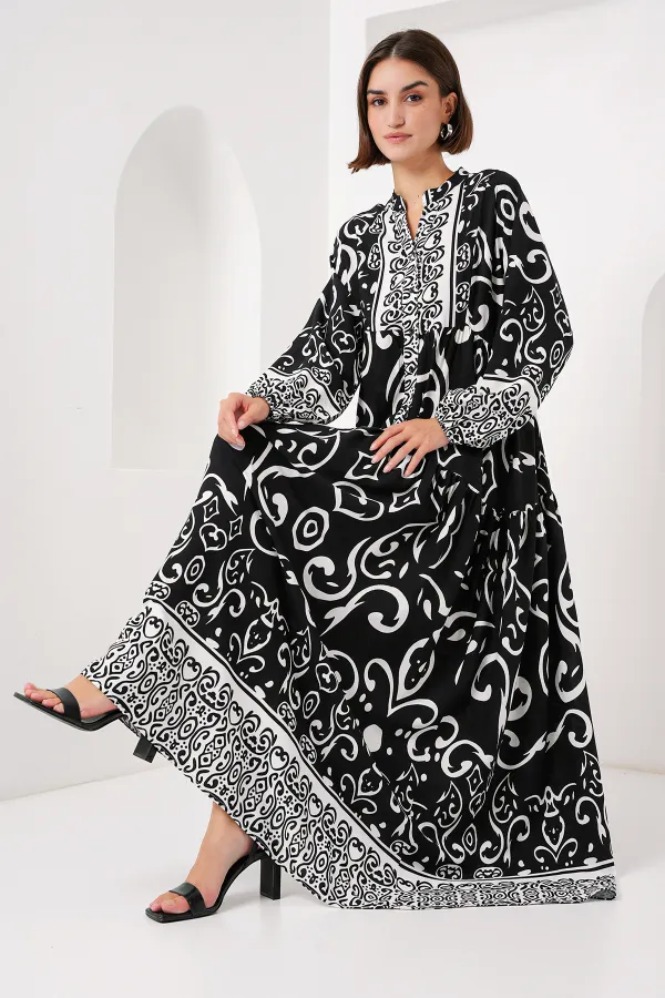 Robe hijab à motifs authentiques 2423 - Noir
