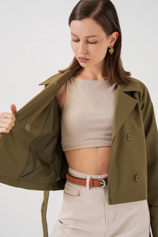 Women's Belted Short Trench Coat 5970 - Khaki Women's Belted Short Trench Coat 5970 - Khaki