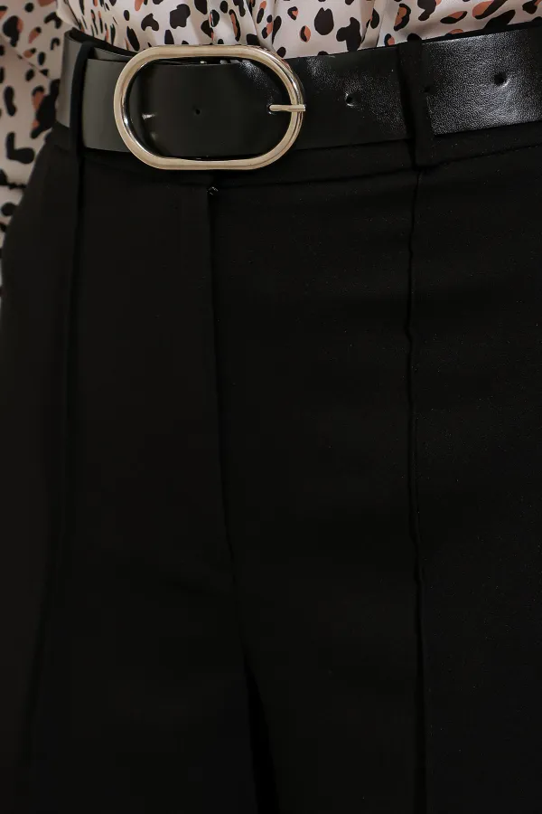 Women's Black High-Waisted Fabric Trousers 6584