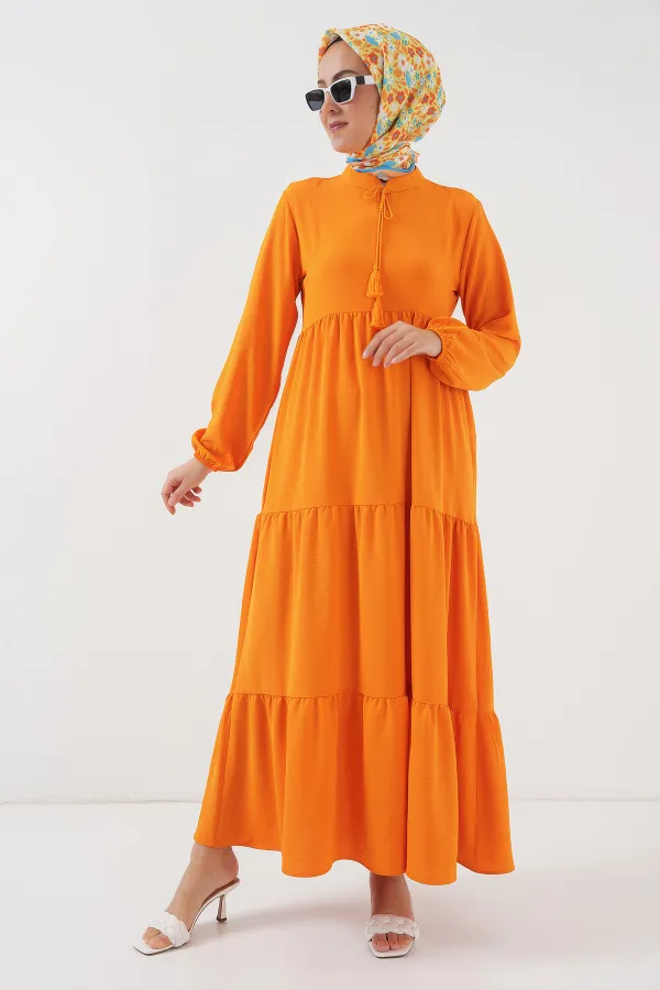 1627 Yaka Bağcıklı Tesettür Elbise - Oranje