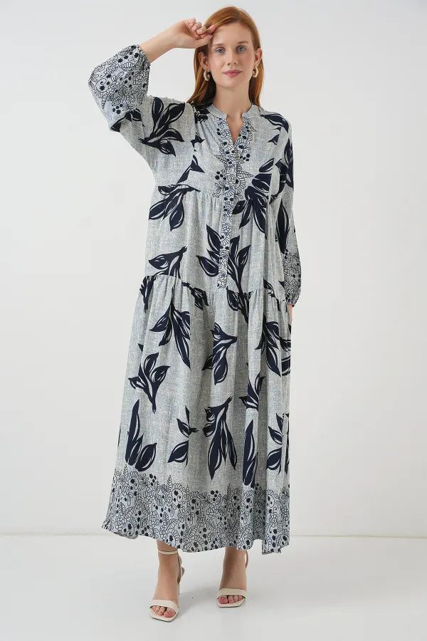 Robe longue hijab à motifs pour femme 2585 - Bleu - Bleu marine