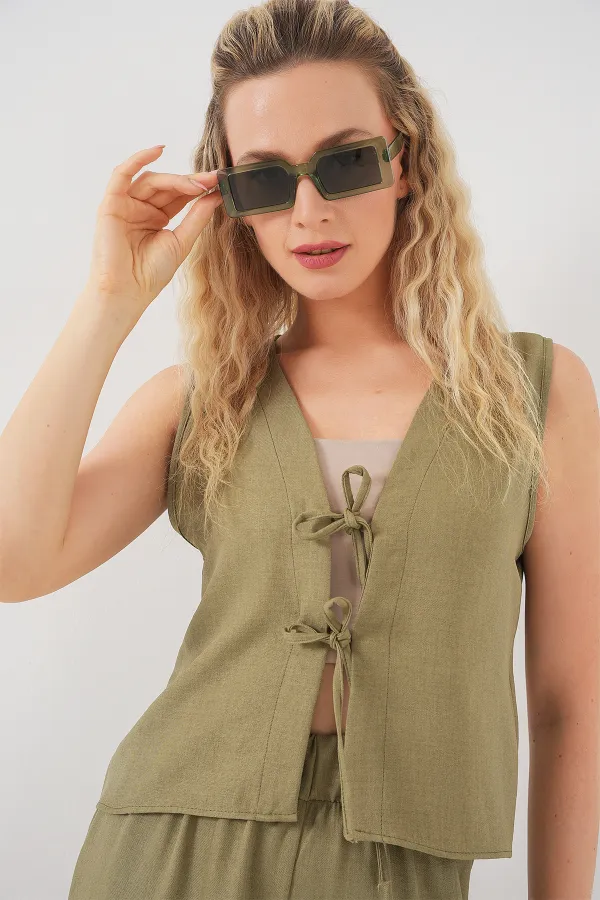 Kadın Keten Görünümlü Sıfır Kol İkili Takım 6746 - Çağla