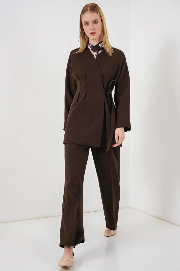 Kadın Yandan Bağlamalı Ceket Pantolon İkili Takım 30099 - Kahverengi