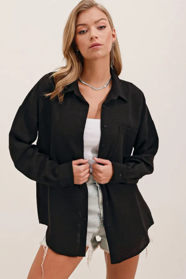 20153 Single Pocket Oversize Linen Shirt - Black 20153 Single Pocket Oversize Linen Shirt - Black