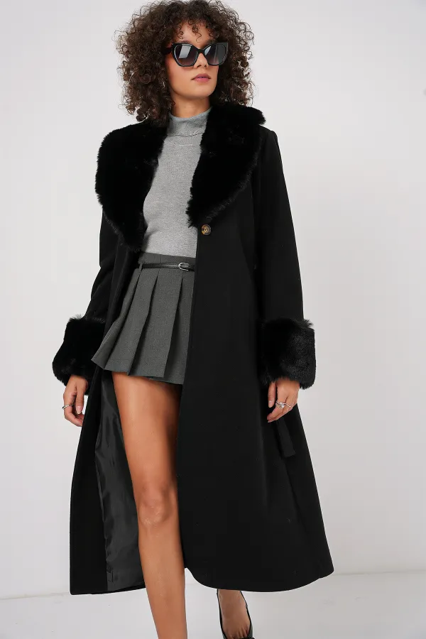 9149 Fur Detail Long Coat - Black