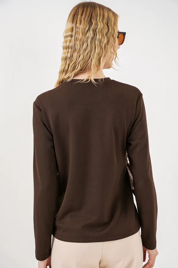 Kadın Fular Detaylu Uzun Kol Bluz 40000 - Kahverengi