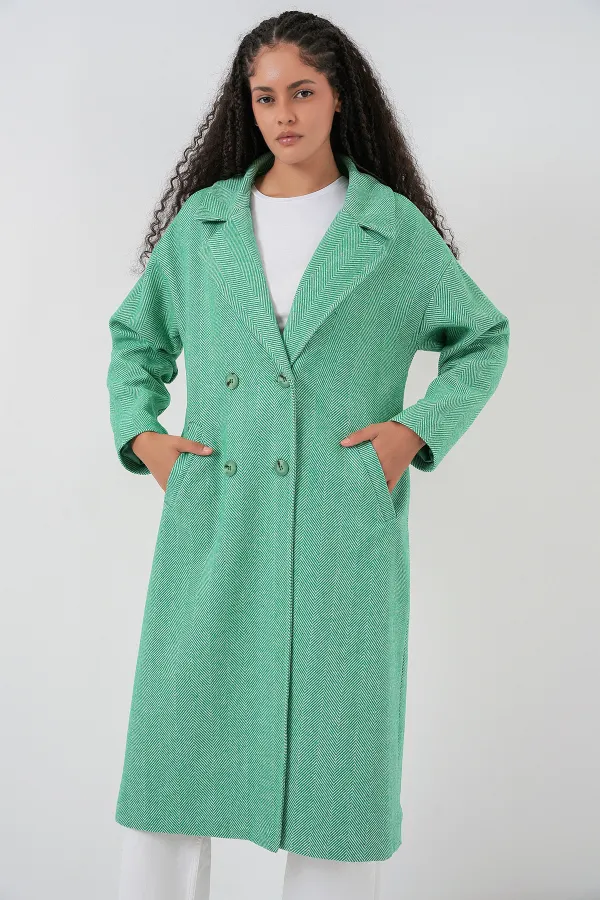 Yeşil Oversize Geniş Kesim Yünlü Uzun Kaşe Kaban 9113