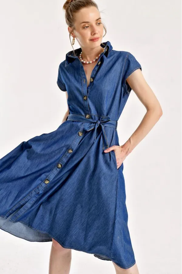 1677 Buttoned Belted Denim Dress - Navy Blue