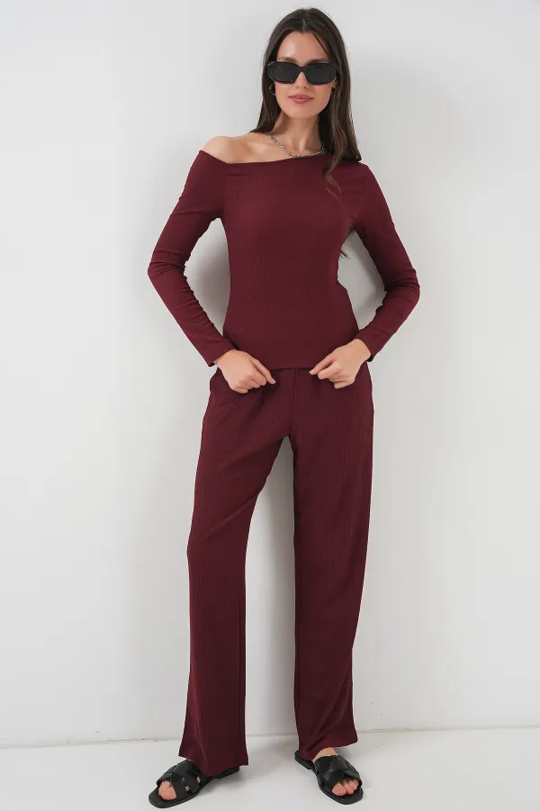 6708 Off-Shoulder Top and Bottom Set - Claret Red