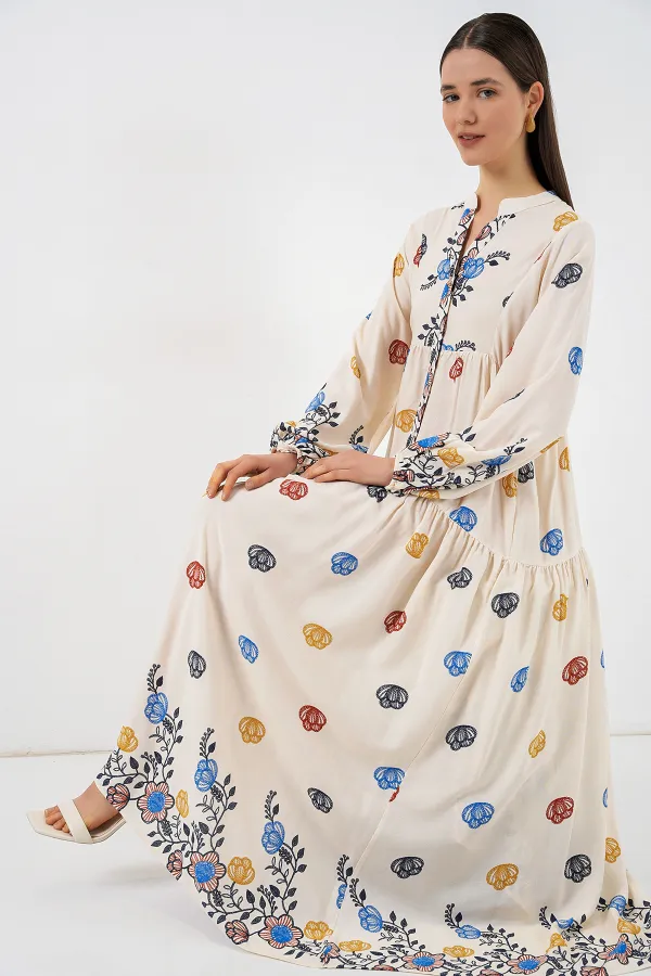 Kadın Desenli Uzun Tesettür Elbise 2585 - Lacivert 8