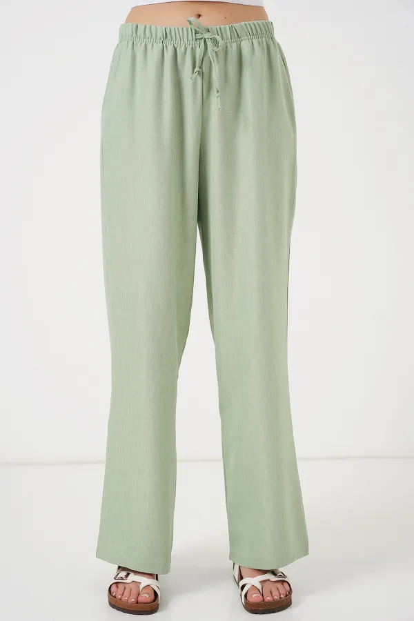 Kadın Geniş Paça Keten Pantolon 6735 - E.Yeşil