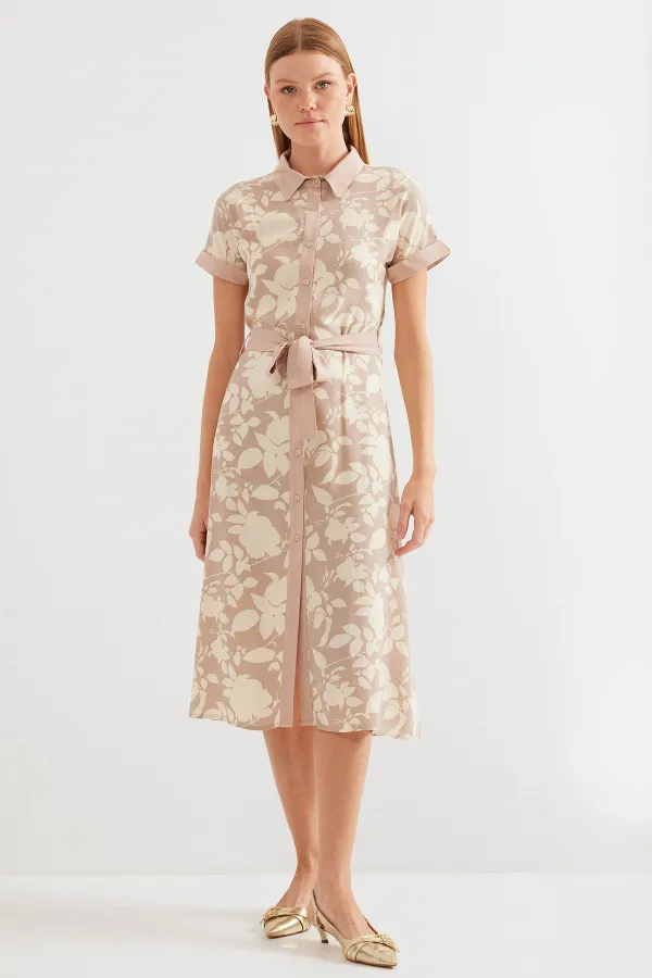 2455 Patterned Shirt Dress - Beige