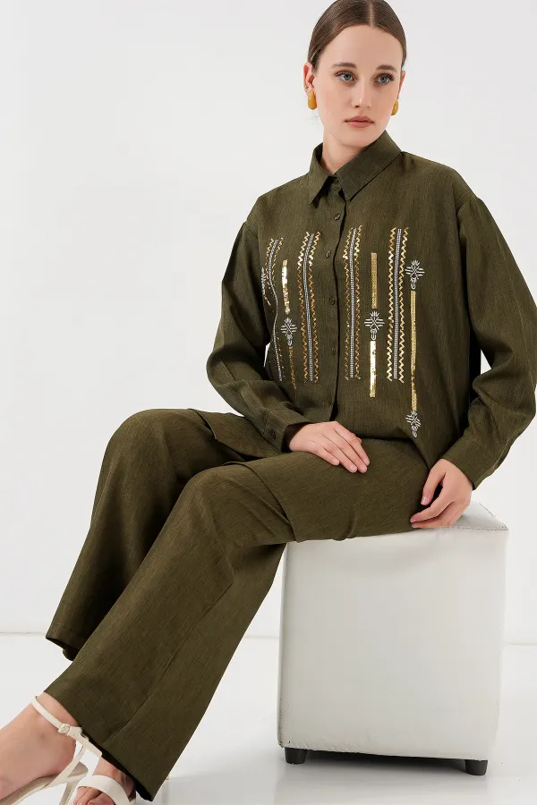 Patterned Tunic Trousers Two Piece Set 6720 - Khaki