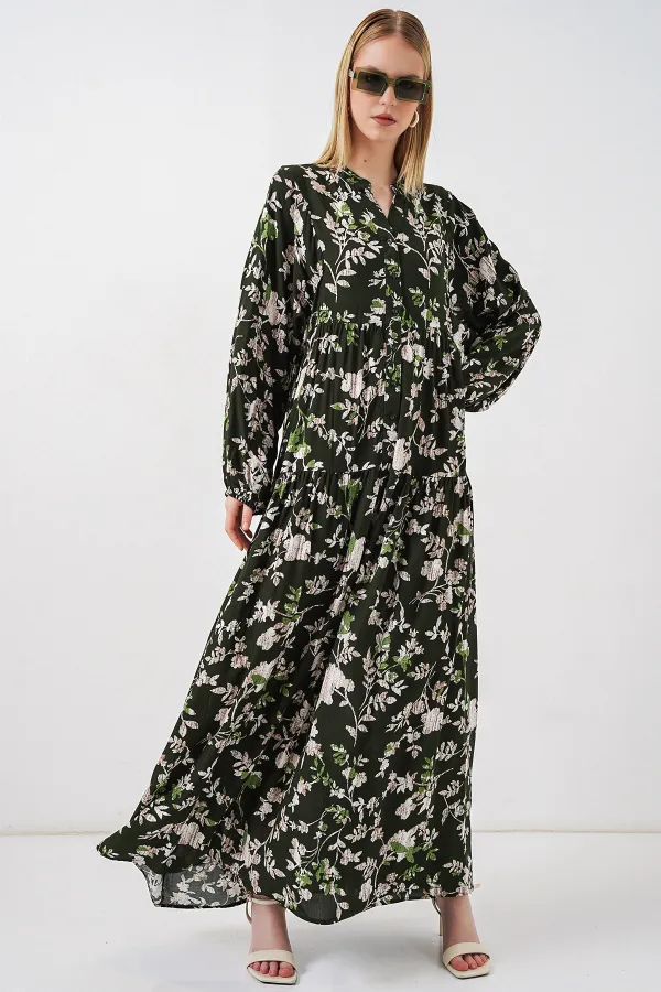 Kadın Desenli Uzun Tesettür Elbise 2585 - Koyu Haki