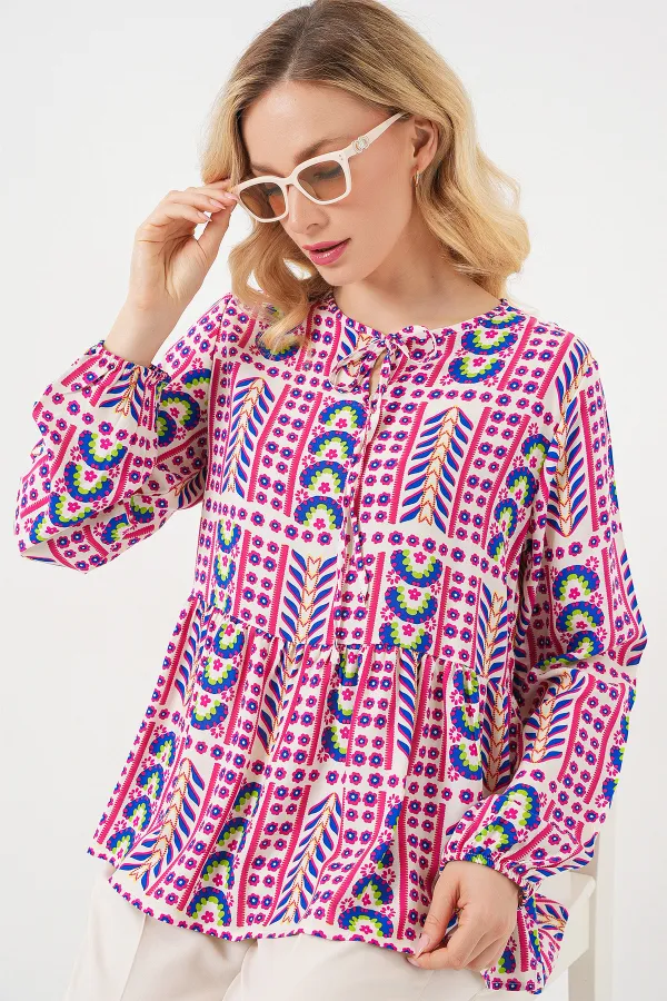 Kadın Desenli Uzun Kol Bluz 970 - Fuşya