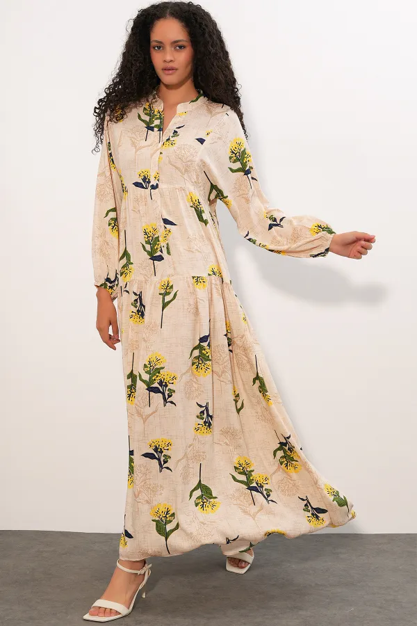 Women's Patterned Long Hijab Dress 2585 - Y. Yellow Women's Patterned Long Hijab Dress 2585 - Y. Yellow