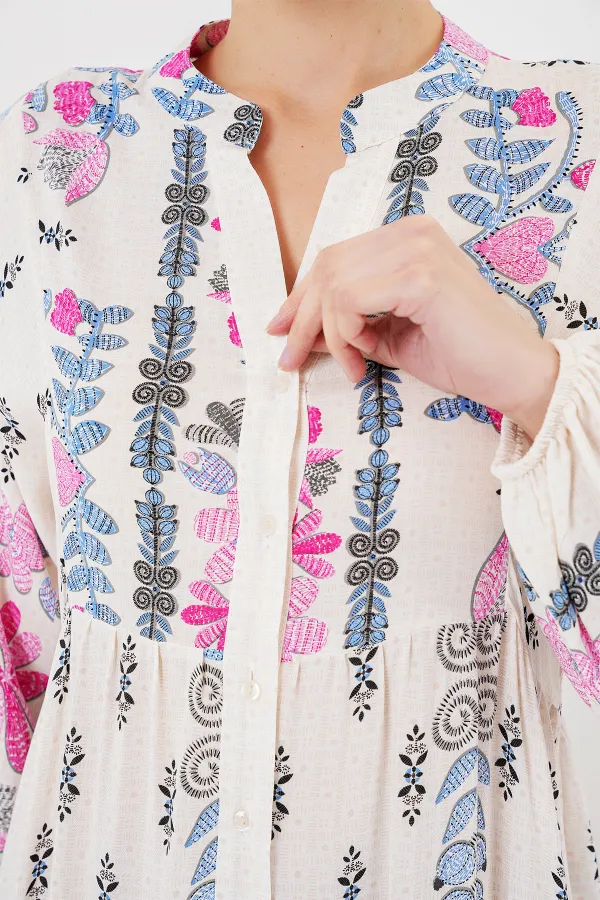 2423 Otantik Desenli Tesettür Elbise - C. Pembe